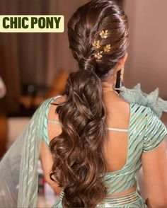 "Life is too short for boring hairstyles – cue the ponytail for instant flair."  Well a classy and such elegant pony with real light curls added with some golden clips to create that look. Braided Hairstyles Indian, Low Pony Hairstyles, Messy Braided Hairstyles, Messy Ponytail Hairstyles, Simple Bridal Hairstyle, Reception Hairstyles, Hairstyles For Gowns, Hair Style On Saree, Stylish Ponytail