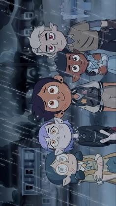 an image of some cartoon characters in the rain