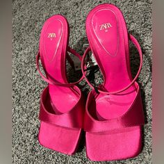 Questions? Leave A Comment Below! S12 Square Toe Sandals, Zara Shoes, Toe Sandals, Pink Satin, Shoes Women Heels, Hot Pink, Shoes Heels, Zara, Size 6