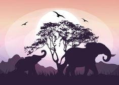 two elephants standing in front of a tree with birds flying over it and the sun setting behind them