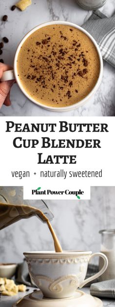 peanut butter cup blender latte is being poured into a bowl