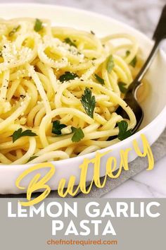 a white bowl filled with lemon garlic pasta