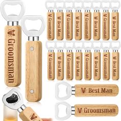 a bottle opener with six bottles and eight corkscrews next to each other