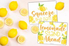 three lemons and two cards with the words squeeze the day, lemonade stand ahead