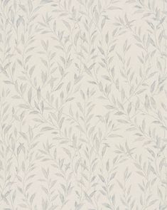 a white and gray wallpaper with grey leaves on the top right hand corner,