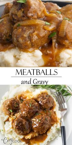 meatballs and gravy on top of mashed potatoes