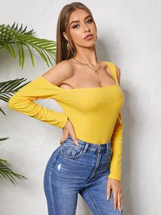 Solid Off-shoulder Long Sleeve Skinny T-shirt for Women Women T Shirts, Chic Clothes, T Shirt For Women, Fashion Chic, Cup Of Tea, Clothes Online, Tshirts Online, Online Clothing, Shirt Online