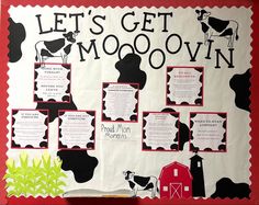 a bulletin board with farm animals and words on it that read let's get mooovin