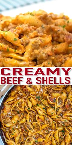 creamy beef and shells in a skillet with text overlay