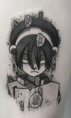 an ink drawing of a girl with black hair wearing a hat and holding a bag