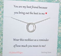 BEST FRIENDS necklace, Hostess gift, Connecting circles, friendship gift, Sterling silver, Inspirati Meaningful Sterling Silver Necklace For Friendship, Nickel-free Round Pendant Jewelry For Best Friend Gift, Inspirational Necklace For Best Friend Gift, Cheap Jewelry With Message Card For Best Friend, Spiritual Nickel-free Necklaces For Friendship, Wedding Party Jewelry, Best Friend Necklaces, Friend Necklaces, Message Jewelry