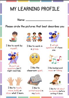 a poster with words and pictures on it that says, my learning profile name please circle the pictures that best describe you