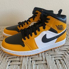 New In Box Nike Jordan 1 Mid Black / Taxi Yellow / White Mens 8 / Womans 9.5 554724 701 Yellow Mid-top Jordan Sports Shoes, Yellow Leather Basketball Shoes With Contrast Sole, Yellow Jordan Shoes With Contrast Sole For Sports, Nike Custom Yellow Sneakers With Contrast Sole, Yellow Lace-up Leather Jordan Shoes, Sporty Yellow Leather Jordan Shoes, Nike Yellow High-top Jordan Shoes, Nike Jordan High-top Yellow Shoes, Nike Jordan Low-top Yellow Shoes