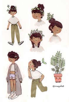 an image of children's drawings with plants and flowers on them in various poses