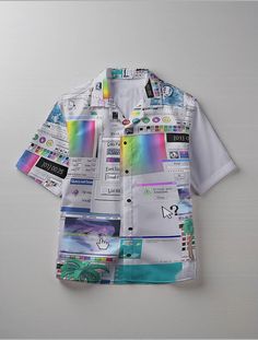 Color: Multi Style: Casual Pattern Type: Vaporwave Art Type: Shirt Neckline: Collar Sleeve Length: Short Sleeve Details: Button Front Sleeve Type: Regular Sleeve Fit Type: Regular Fit Fabric: Semi-Stretch Material: Polyester Composition: 100% Polyester Care Instructions: Machine wash, do not dry clean Sheer: No • 7.23 Oz. Fabric: 95% polyester, 5% spandex.• Features four-way stretch fabric and comfort fit.• Short sleeves, notch lapel collar, self-fabric sleeve cuff detail.• Machine wash, tumble Random Shirt Designs, 80s Synthwave Aesthetic Outfit, Casual Clothes Reference, Funky Button Ups, Retrowave Fashion, Webcore Clothes, Cool Clothing Style, Glitch Outfit, Odd Clothes