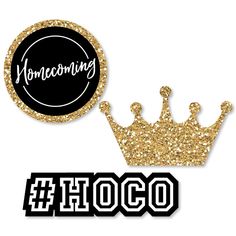 a black and gold sticker with the word hoco on it, next to a crown