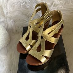 Dolce Vita For Target Platform Sandals. Gold Faux Leather Uppers With A Cork Heel. The Heel Part Has Some Gold Running Thru It. 3 1/2” Heel With Platform Makes It Easy To Walk. Zip Back Entry. These Will Look Amazing G With A Maxi Dress - They Are In Brand New Condition Never Been Worn Gold Block Heel Sandals For Spring, Gold High Heel Sandals For Spring, Gold Open Heel Vacation Heels, Gold Closed Toe Heels For Spring, Gold Synthetic Closed Toe Heels, Gold Platform Sandals With Closed Toe, Gold Wedge Sandals With Platform And Block Heel, Gold High Heel Wedge Sandals For Spring, Gold Closed Toe Platform Sandals