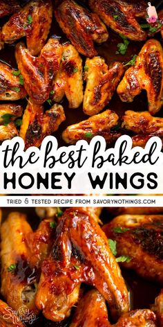 the best baked honey wings recipe is shown in two different images with text overlay