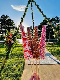 someone is holding up some kind of skewer in the air with flowers on it