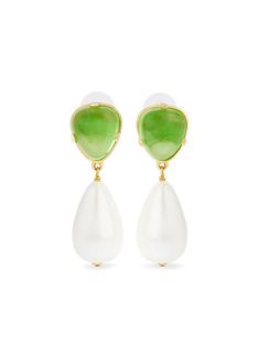 gold-tone/green 18kt gold plated brass polished finish drop design faux-pearl embellishment post-back fastening for pierced ears These earrings come as a pair. Green Teardrop Clip-on Earrings For Formal Occasions, Classic Green Pearl Drop Earrings, Green Pearl Charm Drop Earrings, Formal Green Pearl Drop Earrings, Green Pearl Drop Earrings For Formal Occasions, Drop Design, Demi Fine Jewelry, Iconic Bags, Fine Earrings