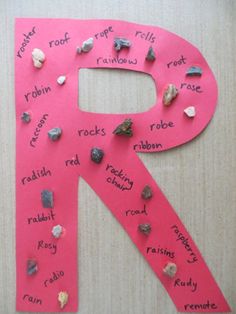 the letter k is made out of rocks and paper with writing on it that says rock garden