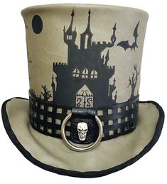 "Gothic Castle" Tall Deluxe Vinyl Top Hat A one of a kind wearable art creation by Jenkitty This tall top hat is created from slick grey vinyl, wrapped in a cutout vinyl belt with front ring and skull centerpiece. It is hand painted in acrylic in a spooky gothic castle, graveyard, trees and bats motif. Adult Medium - Inner circumference measures about 22 1/2", about 7" tall (Around 7 1/4 men's hat size)  Has wire brim so it can be shaped as you wish. **Sometimes I can alter the hat to accommodat High Crown Top Hat For Halloween Themed Events, Halloween High Crown Top Hat For Themed Events, Halloween Themed Adjustable Top Hat, Themed High Crown Top Hat For Halloween, Themed Adjustable Top Hat For Halloween, Gothic Top Hat For Halloween Themed Events, High Crown Hats For Halloween Themed Events, Gothic Fitted Top Hat For Cosplay, Fitted Gothic Top Hat For Cosplay