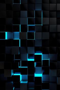 an abstract black and blue background with cubes in the center, all lit up