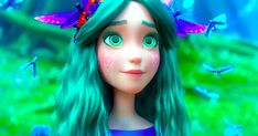 a girl with green hair and butterflies on her head is looking at the camera while standing in front of blue flowers