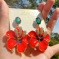 Same Day Shipping Elegant Orange Flower Earrings, Red Flower Shaped Earrings For Spring, Orange Flower Earrings For Gift, Orange Flower Earrings For Party, Summer Orange Flower-shaped Jewelry, Orange Drop Earrings For Spring, Orange Earrings For Spring Gift, Orange Flower Shaped Earrings For Party, Elegant Orange Flower Earrings For Gift