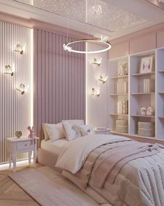 a bedroom with pink walls, white furniture and a chandelier hanging from the ceiling