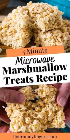 a person holding up some cookies with the words 5 minute microwave marshmallow treats recipe