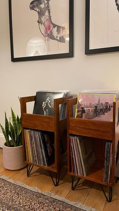 two wooden bookshelves with vinyl records on them in front of pictures and a potted plant