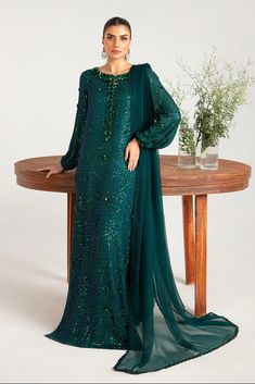 3pcs Fully sequined green long shirt with embroidered neckline and sleeves, paired with matching dupatta and pants. Dinner Gowns, Fancy Shirt, Pakistani Wedding Outfits, Fancy Dresses Long, Designer Dresses Casual, Fancy Dress Design, Embroidered Neckline, Formal Dresses For Women, Long Shirt Dress