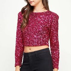 Festive Cropped Long Sleeve In Stretch Sequin Fabric. This Style Features A Crew Neck Line, Lightly Padded Shoulders With Slim Long Sleeves, A Snug Cropped Torso Fit, And A Back Zipper Closure. Sequin Crop Top, Red Crop Top, Cropped Long Sleeve, Sequin Fabric, Cropped Top, Long Sleeve Crop Top, The Struts, Sequin, Top Blouse