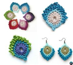 crocheted earrings and earring patterns are shown in three different colors, including blue, green, pink, purple, and white