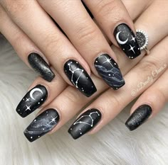 Cosmic Nails, Galaxy Nail, Witch Nails, Witchy Nails, Gothic Nails, Galaxy Nails, Goth Nails, White Nail Art, Blue Nail