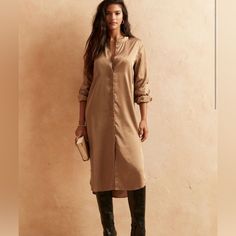 A Beautiful Tan, Satin, Shirt Dress. Perfect For Fall! Luxury Shirt Dress With Pockets For Fall, Long Shirt Dress For Fall, Brown Satin Shirt Dress, Satin Midi Dress Outfit, Midi Dress Outfit, Satin Shirt Dress, Silk Shirt Dress, Satin Shirt, Banana Republic Factory