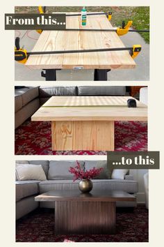 the before and after shots of a coffee table made out of pallet wood, with text overlay