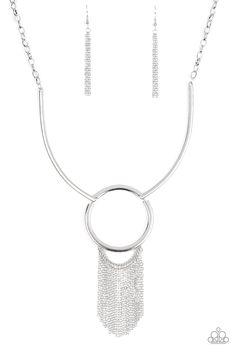 Attached to two bowing silver bars, a shiny silver hoop gives way to a shimmery silver chain fringe, creating a statement making look below the collar. Features an adjustable clasp closure.

 Sold as one individual necklace. Includes one pair of matching earrings. Chain Fringe, Paparazzi Accessories, Chic Jewelry, Silver Bars, Affordable Jewelry, Paparazzi Jewelry, Short Necklace, Shiny Silver, Boutique Jewelry