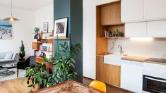 a living room filled with furniture next to a kitchen and dining room table covered in potted plants