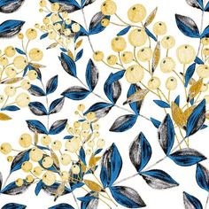 an illustration of blue and yellow flowers with leaves on a white background, seamless