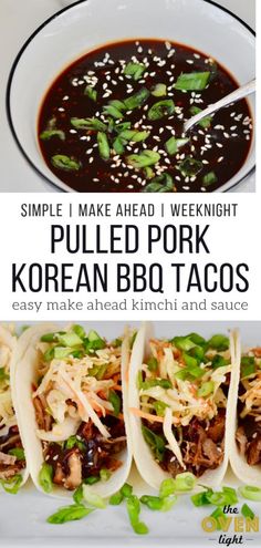 an image of pulled pork korean bbq tacos on a plate with text overlay