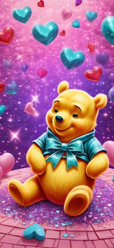 a painting of a teddy bear sitting on the ground with hearts floating in the air