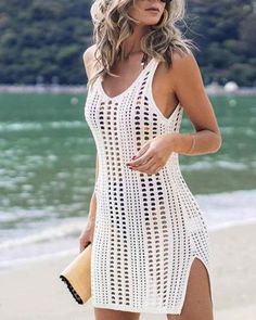 Sleeveless Beachwear Dress Crochet Summer Bikini Cover Up Crochet Beach Dress, Sleeveless Outfit, Crochet Cover Up, Swimwear Dress, Womens Bathing Suits, White Crochet, Swimsuit Cover, Cover Up Dress, Amelie