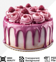 a cake with pink icing and raspberries on top is shown in this image