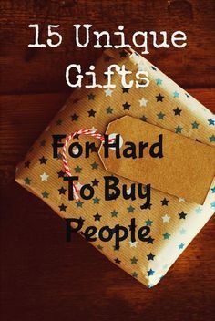 two gift bags with the words 15 unique gifts for hard to buy people on them