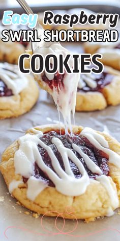 easy raspberry swirl shortbread cookies with icing being drizzled on top