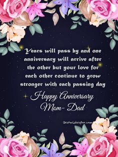 happy anniversary mom and dad card with pink roses on blue background, text reads'years will pass by and one anniversary will arrive after the other but your love for each