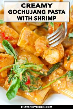 creamy gochuang pasta with shrimp and spinach is an easy, healthy meal