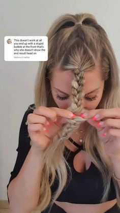 Easy Braid On Top Of Head, Hair Braid Top Of Head, How To Do A Top Braid, How To Braid Bangs Back, Simple Braid Ponytail Hairstyles, Long Hair Front Braid, Braided Hair Hacks, Braids For Bangs Easy, Front Braid With Ponytail